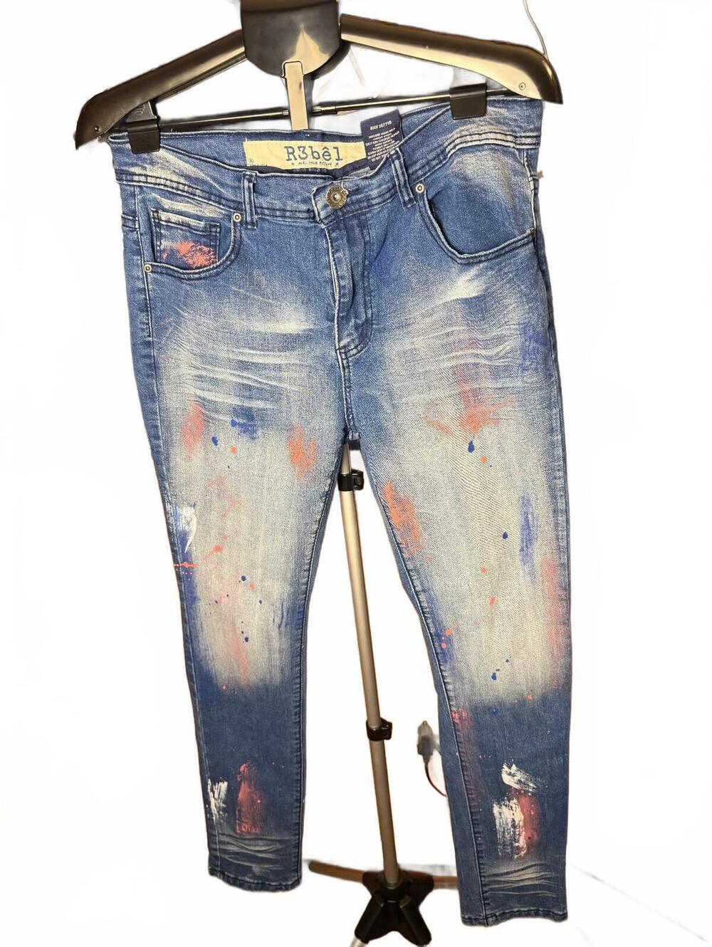 Rebel Distressed and Paint-Splattered Blue skinny fit Denim Jeans sz 34 x 32